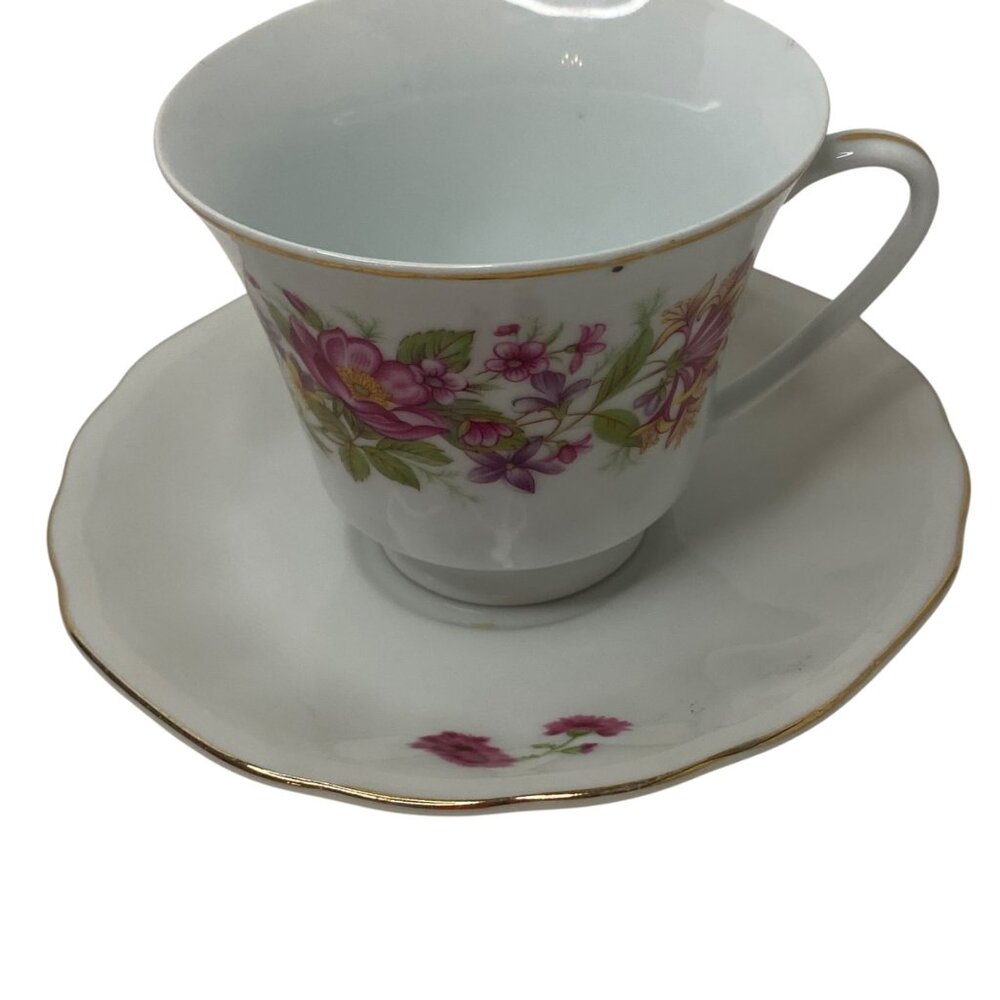 Vintage Floral Porcelain Tea Cup Saucer Gold Trim Pink Flowers Garden Mismatched